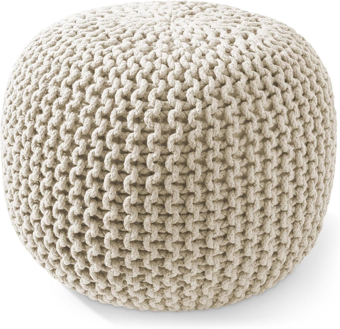 Casafield Round Pouf Ottoman, Natural - 20" Diameter x 14.5" High Cotton Knit Foot Stool - Boho Floor Pouffe for Living Room, Bedroom, Home Office