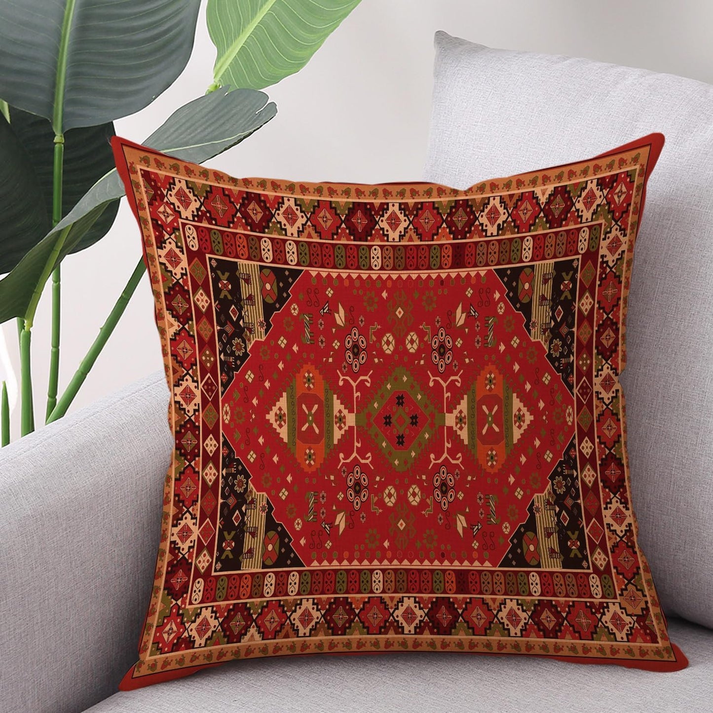 Outdoor Waterproof Pillow Covers 18X18 Inch Set of 2 Bohemian Vintage Carpet Pattern Pillow Covers Ethnic Design Decorative Farmhouse Cushion Case for Couch Red