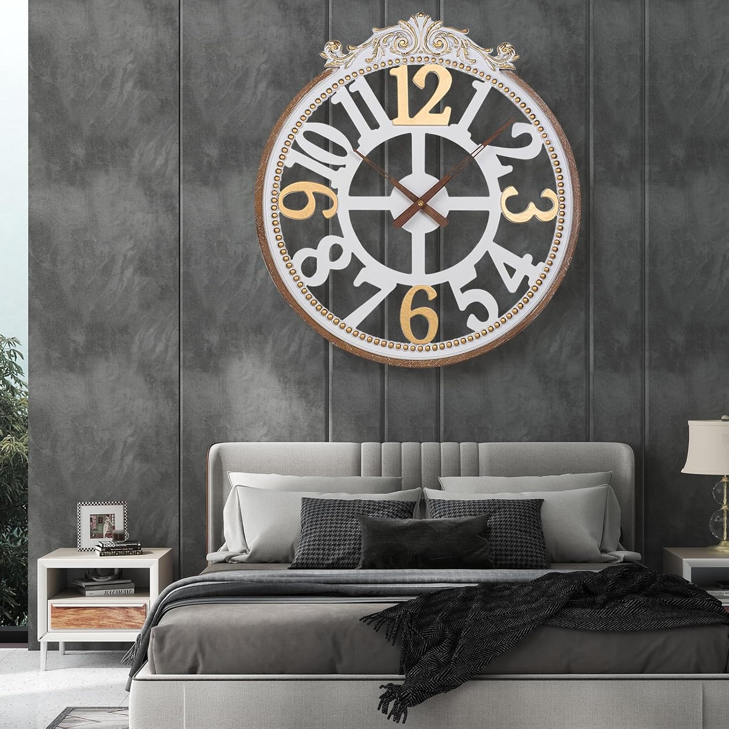 Wall Clock Farmhouse -Large 24 Inch Round Wall Clock for Living Room Decor,Rustic Wooden Big Hanging Clock with Decorative Engraved Numerals, Silent Battery Operated for Kitchen Bedroom Living Room