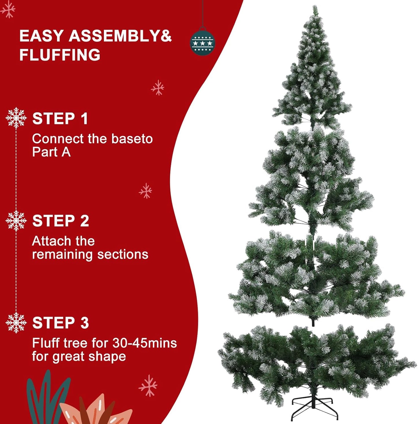 olelo 7.5 ft Artificial Christmas Tree, Snow Flocked Xmas Tree with 500 Lights, 1200 Branch Tips, 60 Decorative Pendant & 3 Decorative Socks, Metal Hinges & Foldable Base