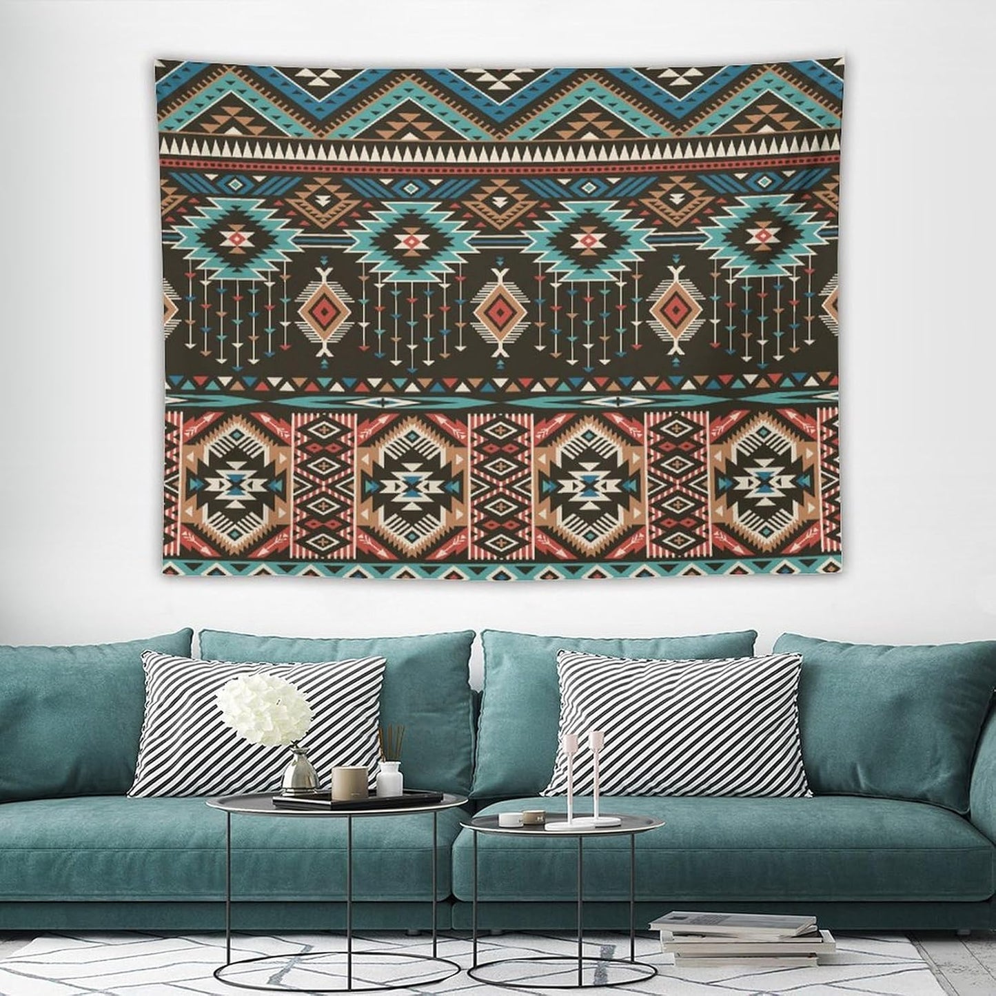 HZOHNAGO Aztec Tapestry Turquoise Blue and Brown and Native American Tribal Pattern Printed Wall Tapestry Wall Hanging for Bedroom Living Room Dorm 80" W x 60" H