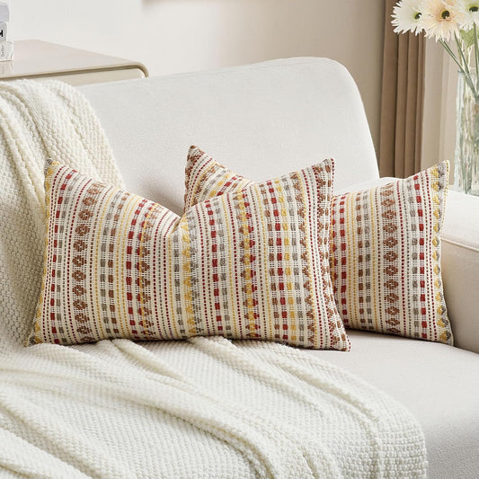 FUTEI Brown Red Decorative Throw Pillow Covers 12x20 Inch Set of 2,Soft Cozy Chenille Jacquard Textured Pillow Case,Boho Home Decor for Couch Bed Living Room