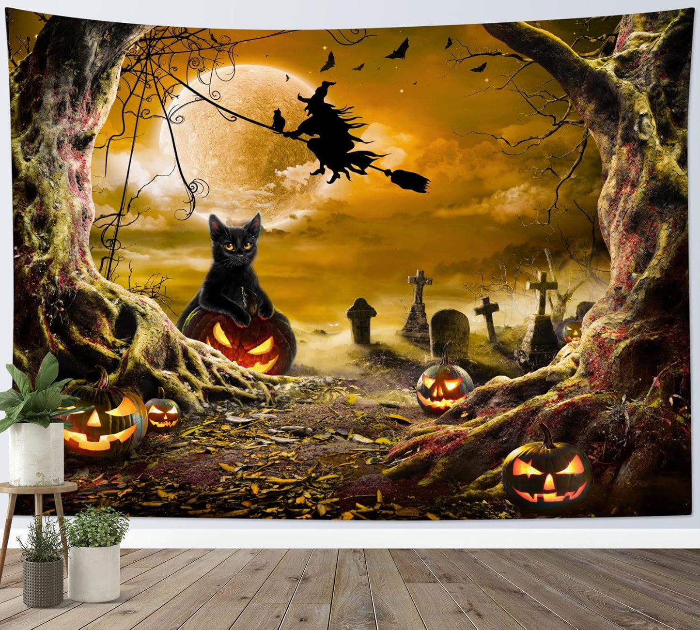 LB Halloween Wall Art: Horror Witch Cat & Dead Tree Pumpkin Lights - Spooky Graveyard & Misty Forest Wall Tapestry for Bedroom & Living Room - 59x51 Inches