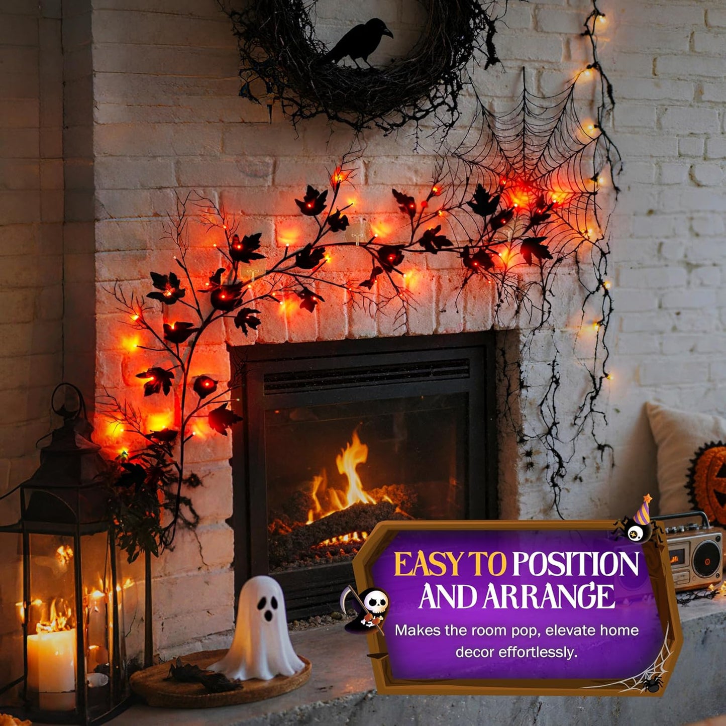 Halloween Lighted Willow Vine Twig Decoration, 6.56 FT Light up Garland Battery Operated with Orange LED Lights, 8 Modes and Timer, 12 Pumpkin and Ghost Ornaments, 4 Adhesive Hooks