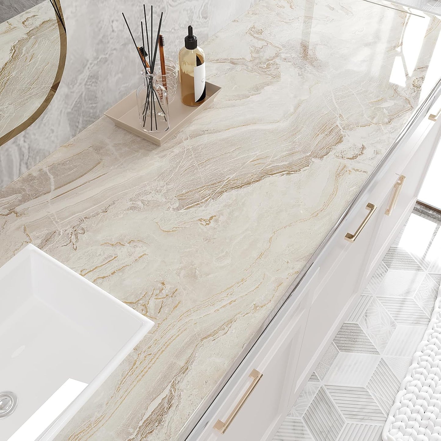 VEELIKE Glossy Beige Gold Marble Contact Paper for Countertops Waterproof Peel and Stick Countertop Contact Paper 24''x354'' Self Adhesive Vinyl Marble Wallpaper for Bathroom Kitchen Counter Top Cover