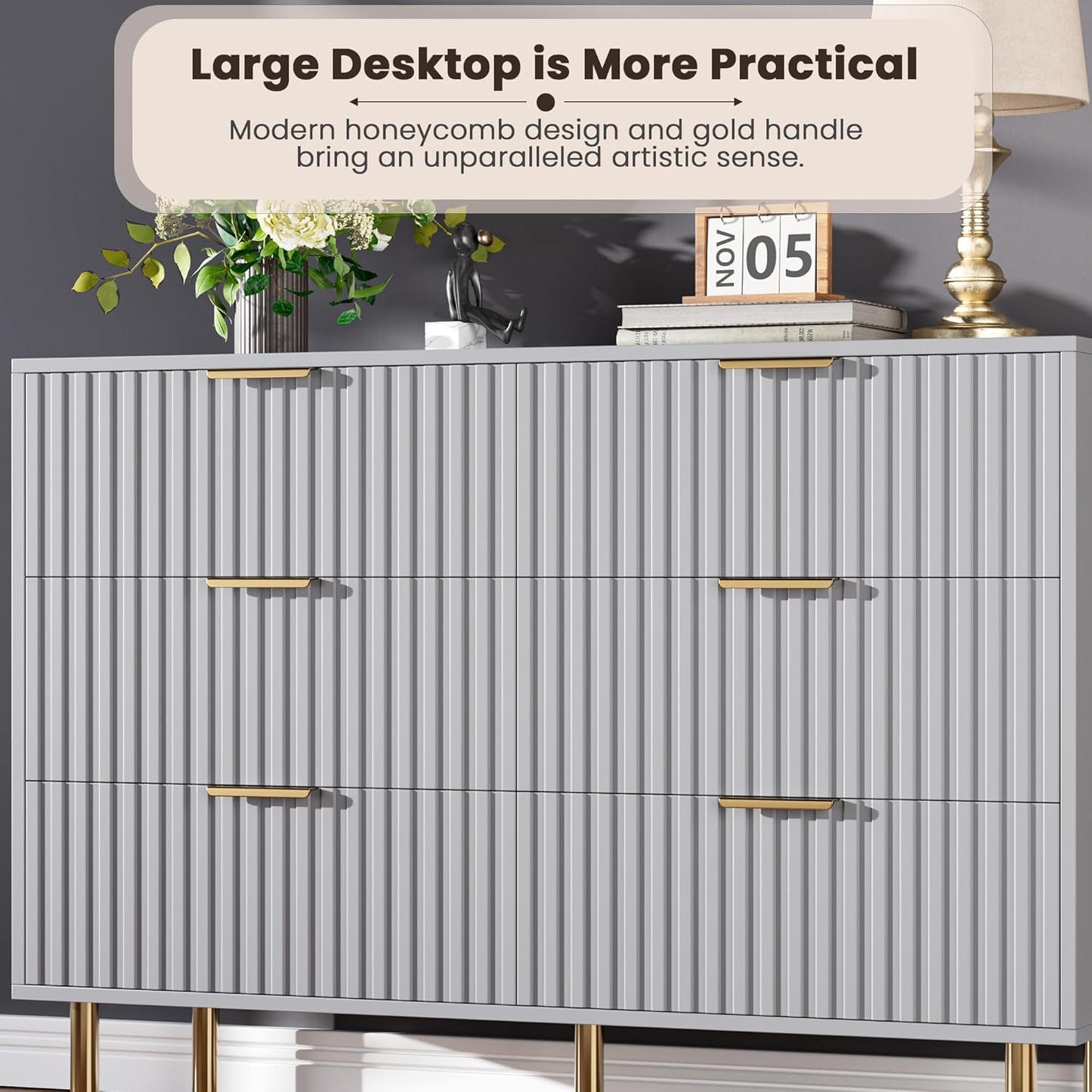6 Drawer Dresser for Bedroom, Fluted 47.2" Wide Modern Chest of Drawers with Deep Drawers, Long Large Double Dresser TV Stand, Wooden Dresser Organizer for Living Room, Hallway, Kids Room, Grey