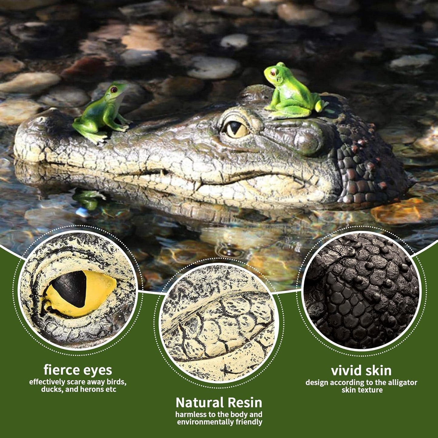 Floating Alligator Head,Alligator Head Decoy for Pool,Resin Crocodile Head for Swimming Pool and Pond,Deterrent Ducks,Predator,Heron etc,Outdoor Statues,Garden Home Decor Art