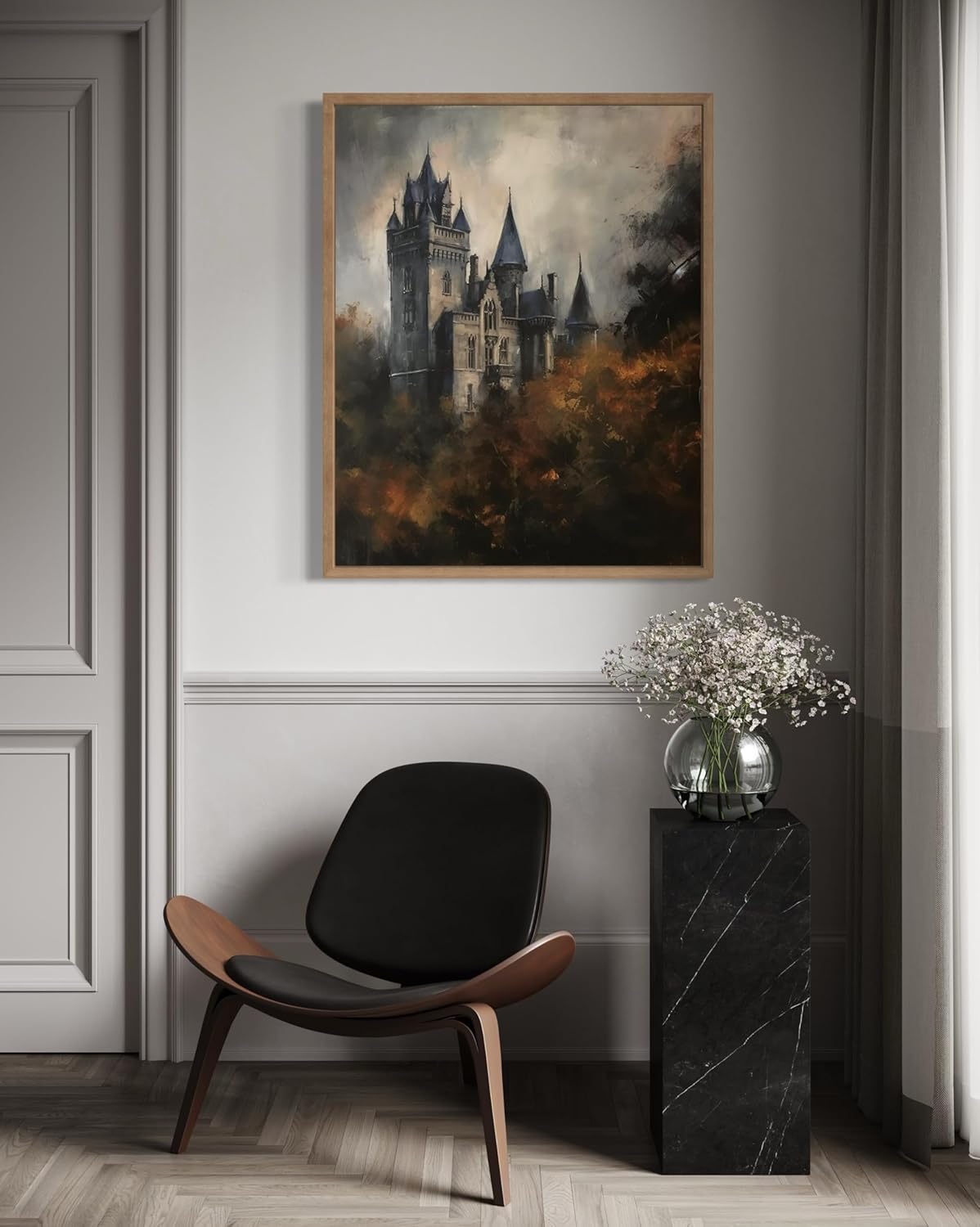 Old Castle Poster Art Print, Halloween Scary Vintage Wall Art Academia Spooky Painting Decoration for Horror Prints, Gothic Posters Bedroom Decor 89 (Old Castle, 16 x 20 inches, Wood Frame)