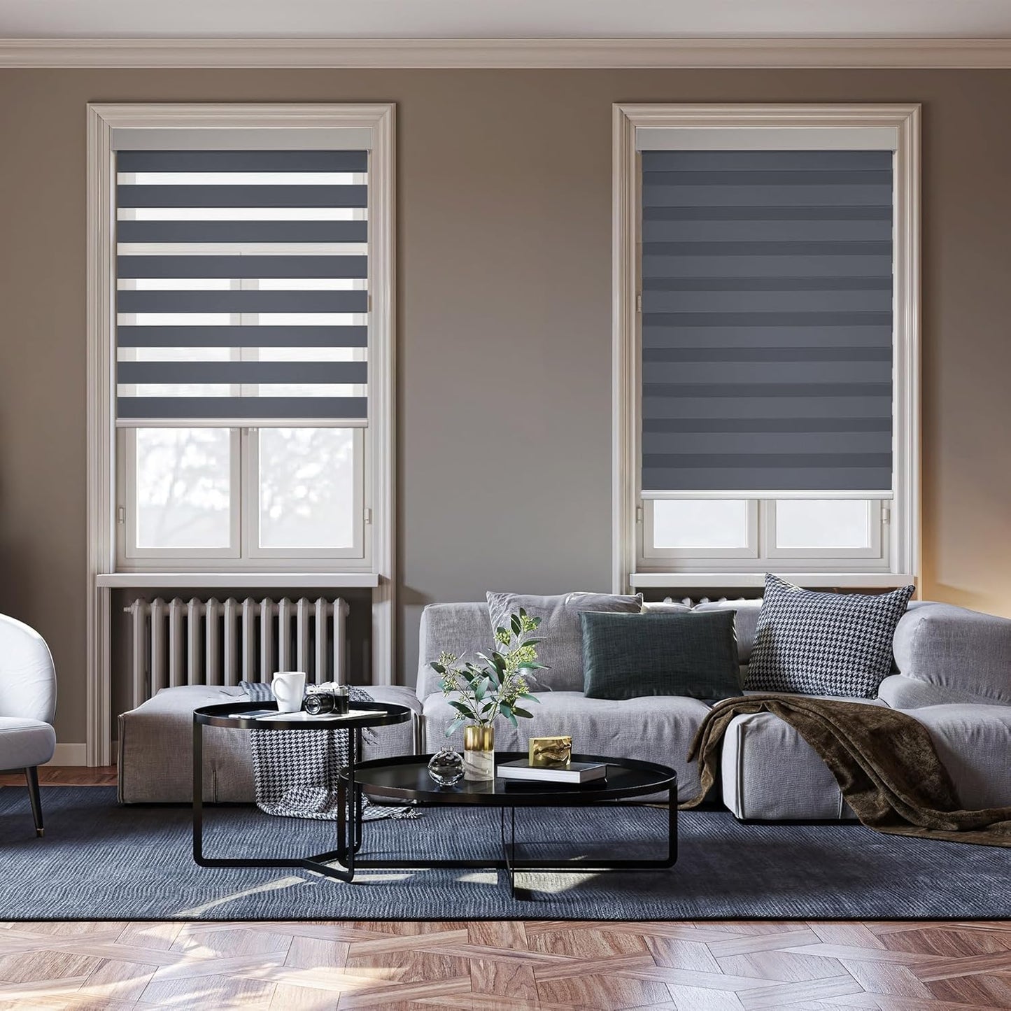 HESTIA Cordless Zebra Blinds Light Filtering Roller Shades UV Blocking Blackout Privacy Indoor Window Blind for Home Office Day and Night, Blue Grey,35" W x 48" H