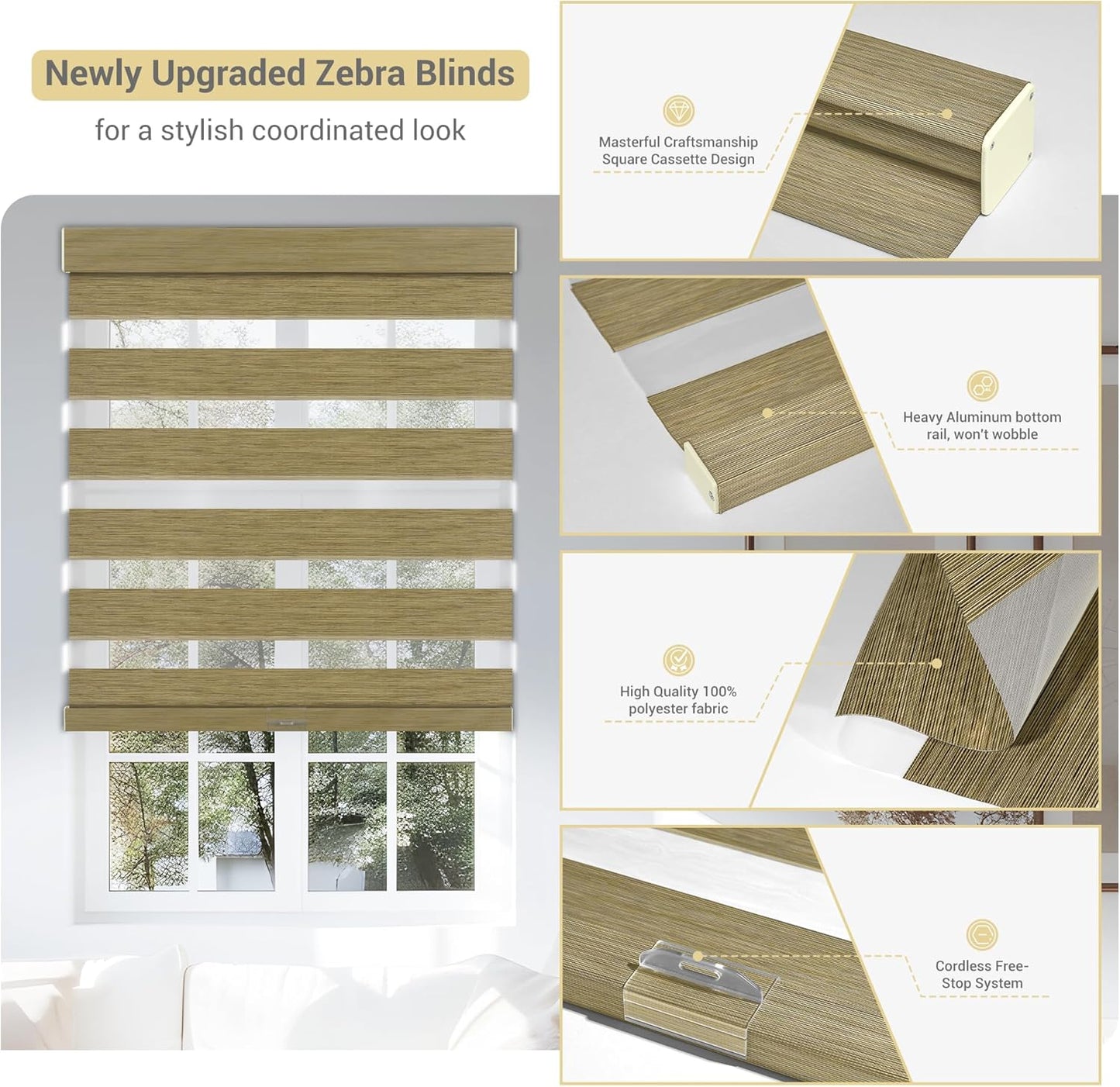 Cordless Zebra Blinds for Windows, Blackout Interior Blinds,Easy to Install,UV Protection,for Offices and Home,Custom Roller Shades, Mousse Light Bown,71" W x 80" H