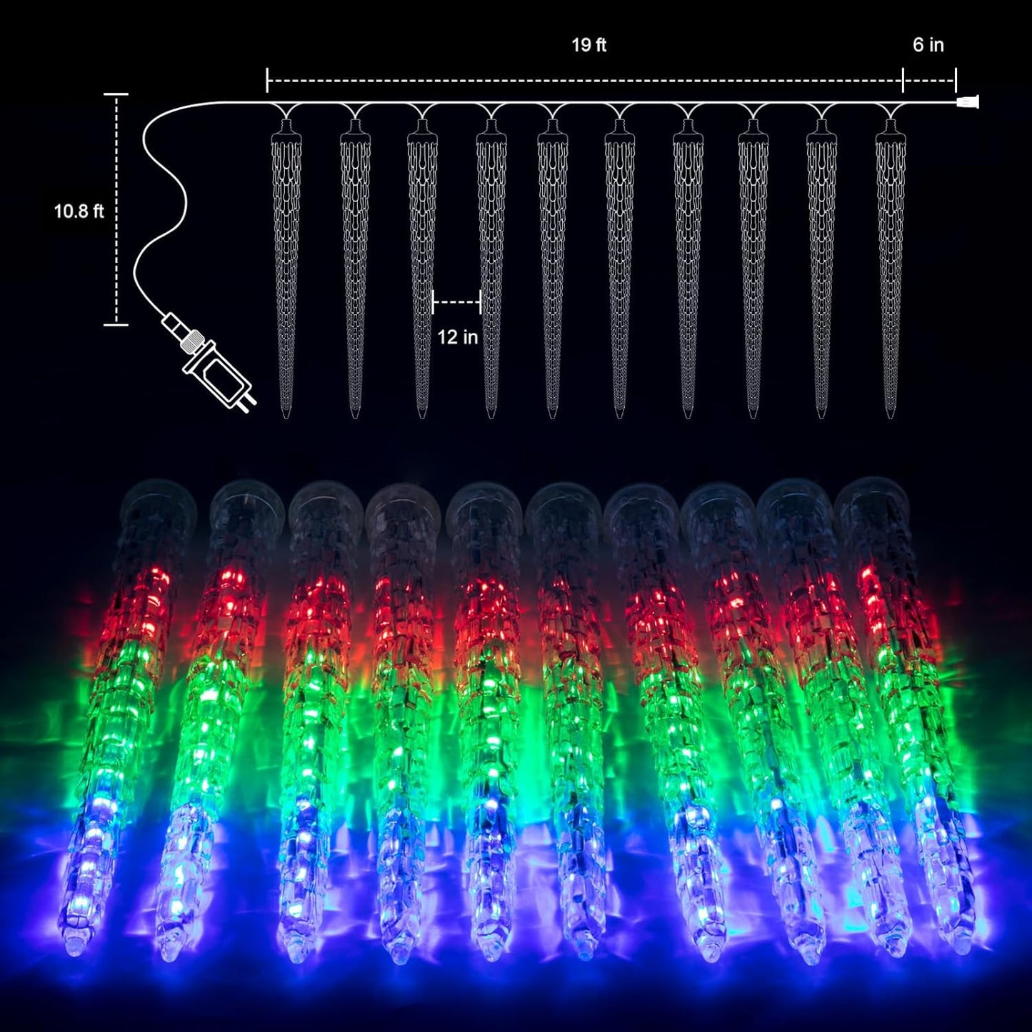 Christmas Meteor Shower Icicle Lights Outdoor, 19.8Ft With 20 Large Tube 480 LED Dropping Effect, Waterproof Decorations for House Eave Roofline, Multicolor