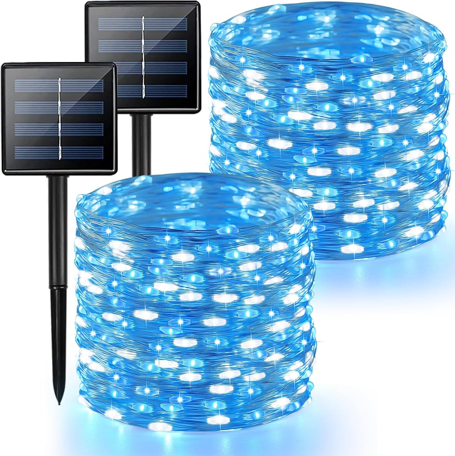 2 Pack Blue and White Solar String Lights Outdoor, 80FT 200 LED Waterproof Silver Wire Fairy Light, 8 Modes Solar Twinkle Light for Christmas Wedding New Year Independence Day Patio Fence Tree Decor