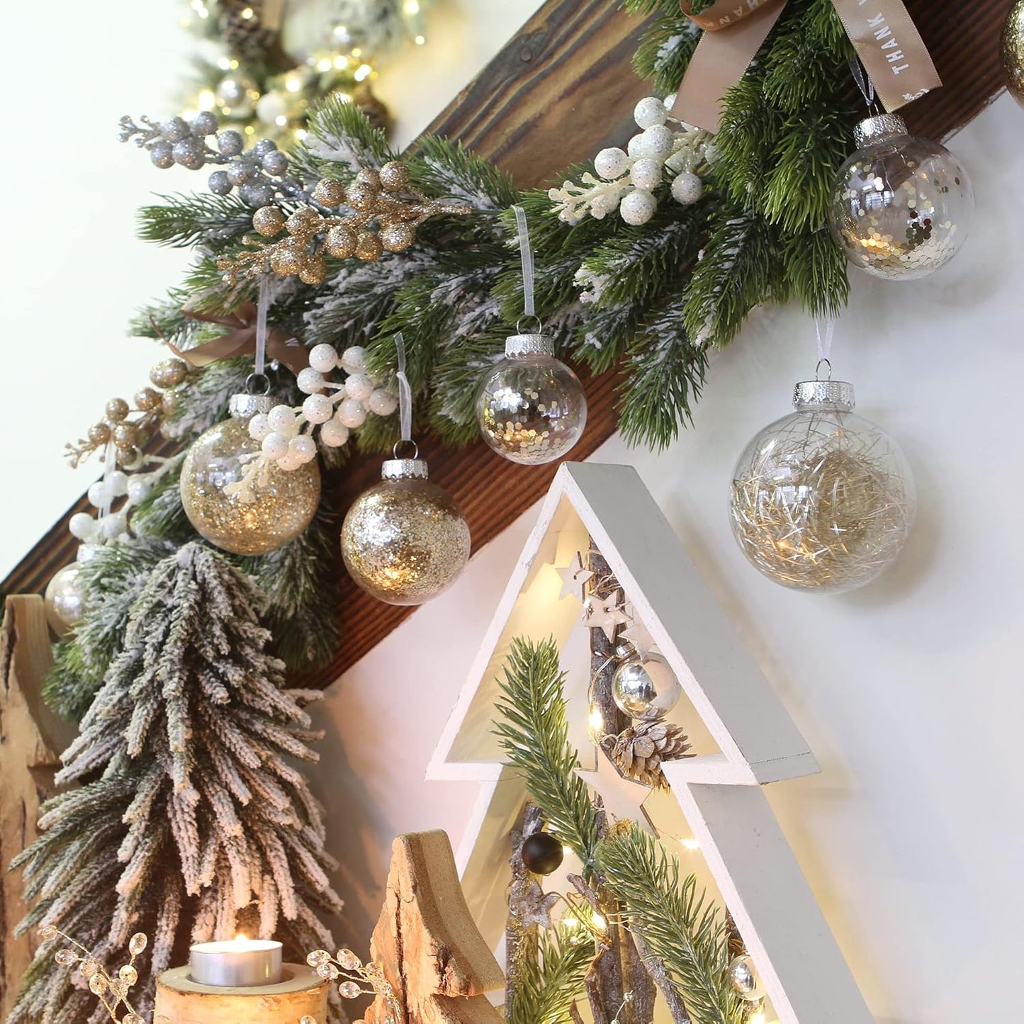 Sea Team 70mm/2.76" Shatterproof Clear Plastic Christmas Tree Ball Ornaments Set, Decorative Hanging Transparent Xmas Baubles with Stuffed Delicate Decorations (24 Counts, Champagne)