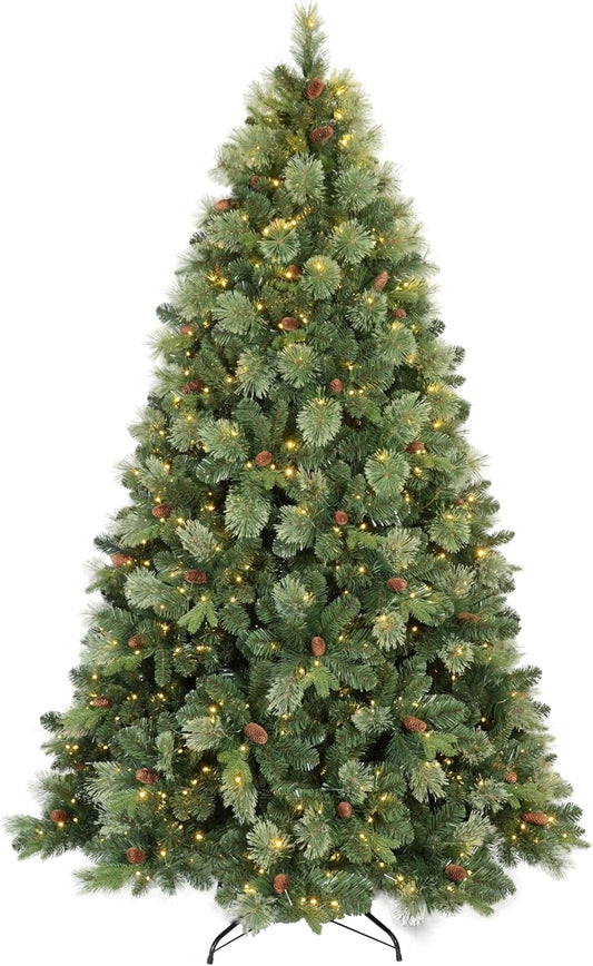 Kadunmina 7.5ft Prelit Christmas Tree, Artificial Carolina Pine Christmas Tree with 750 Warm White Lights, Pine Cones, 1645 Branch Tips and Metal Stand for Home, Office, Holiday Party Decoration