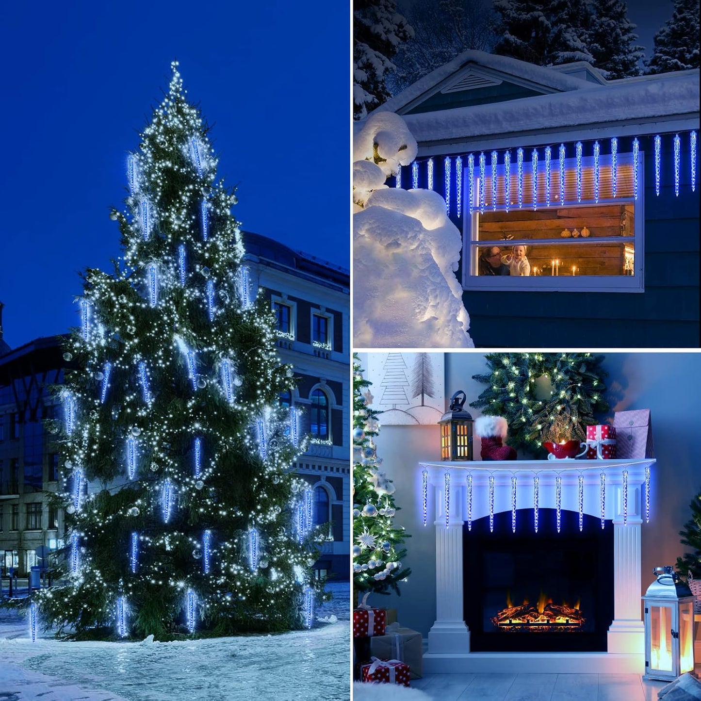 Christmas Icicle Lights Outdoor, 10Ft. Meteor Shower Lights with 10 Large Icecycles, Snowfall Shooting Star Light Effect, Falling Crystal Christmas Decorations for House Eave Roofline Patio, Blue