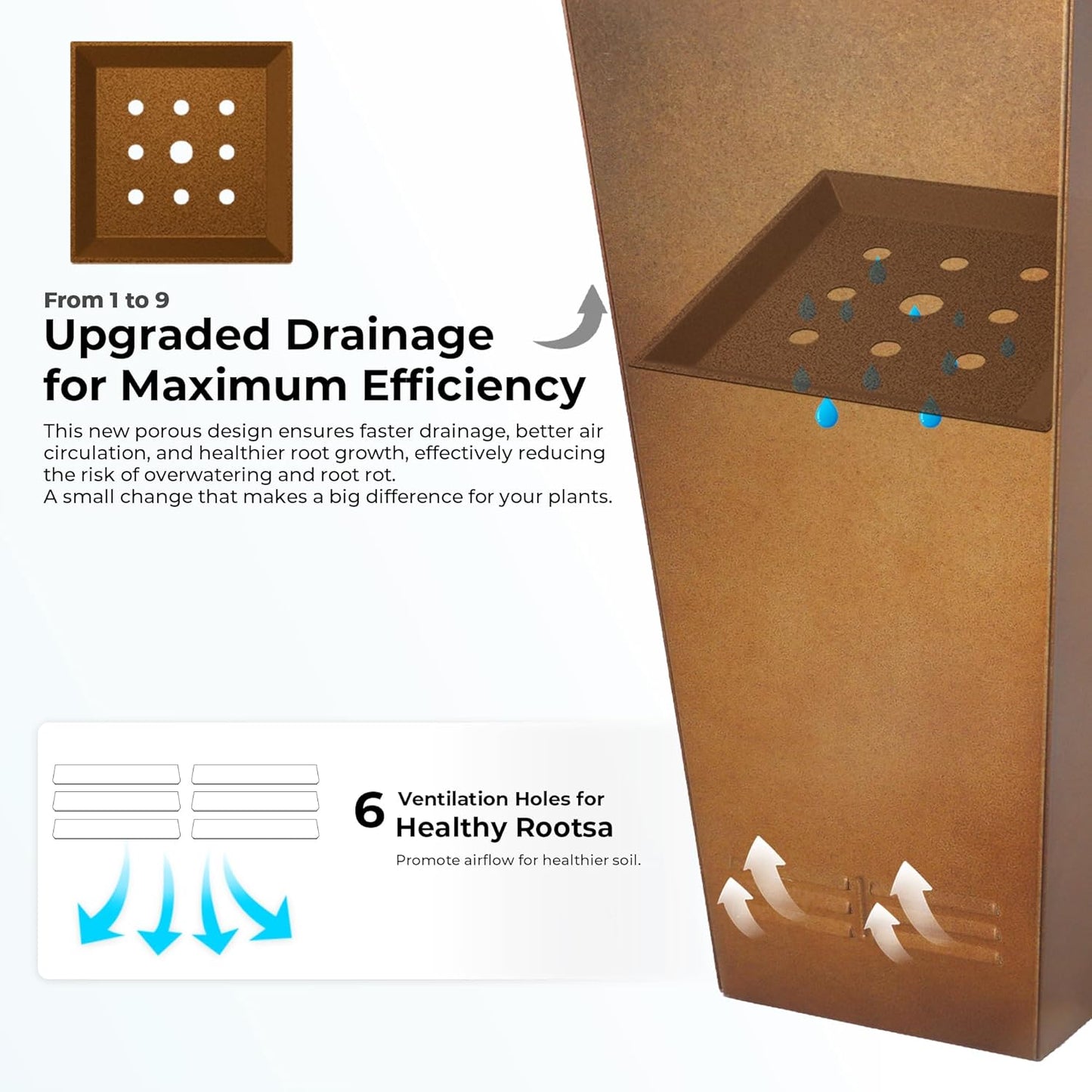 Worth Garden 28" H. Large Metal Planter Set of 2, Classic Matte Bronze Retro Finish Tall Square Tapered Steel Flower Plant Pots for Indoor & Outdoor Use - Insert Plate with Drain Holes, Air Vents