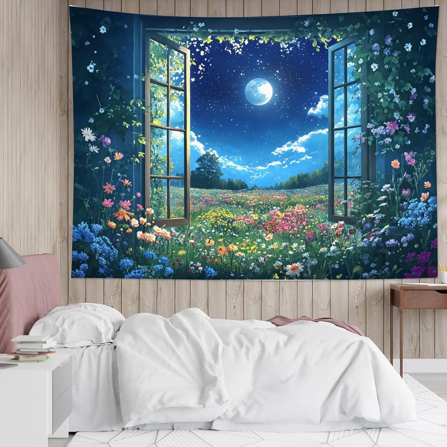 LB Wildflower Moon Tapestry, Green Plant Outside Window and Colorful Floral Wall Tapestry for Bedroom, Garden Wall Art for Living Room Dorm Home Decor Ready to Hanging, 92.5 x 70.9 Inches