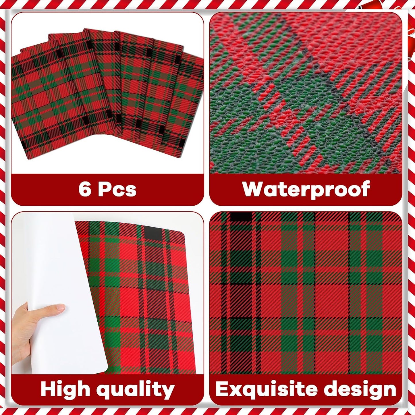 Christmas Placemats Set of 6 Red and Green Plaid Plastic Table Mats Recyclable Place Mats Washable Farmhouse Holiday Table Decoration for Indoor Outdoor Christmas Party Kitchen Dining