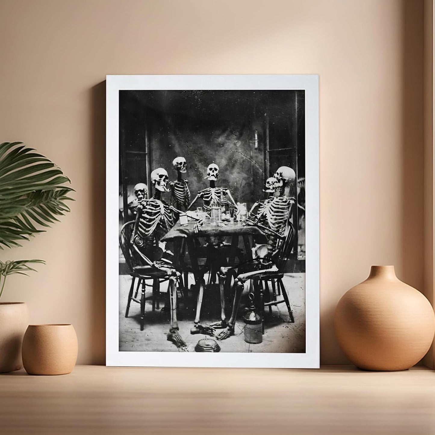 Poster Master Vintage Photograph Poster - Retro Daguerreotype Print - Gift for Artist, Friend - Skeletons Smoking at Table, Dinner Party, Goth - Wall Decor for Home, Dorm, 16x20 White Framed