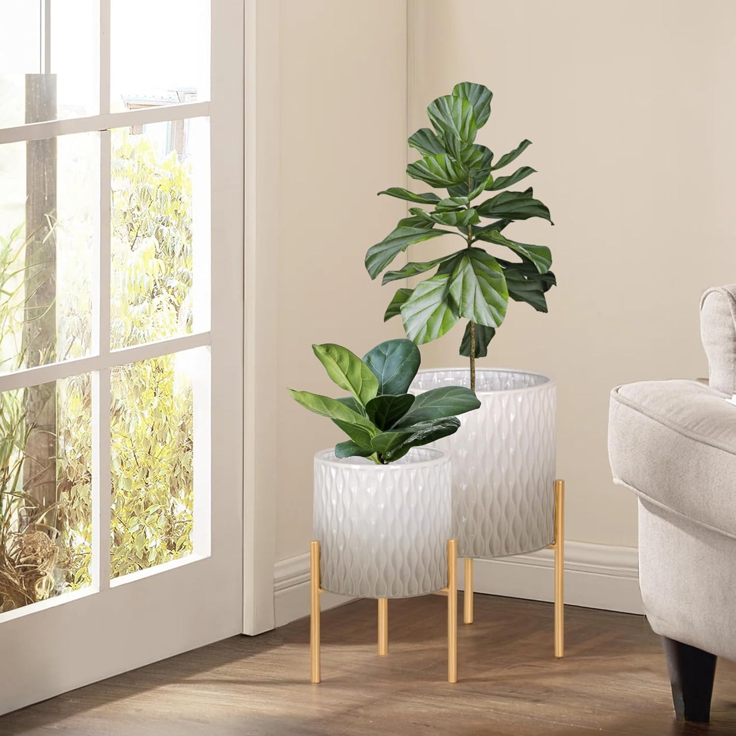 ARNIS Plants Pots with Stand, Set of 2 Indoor Planter Pots, Unique Mid Century Decorative Metal Flower Pots with Drainage,8.25 & 10.5 Inch, Grey and White