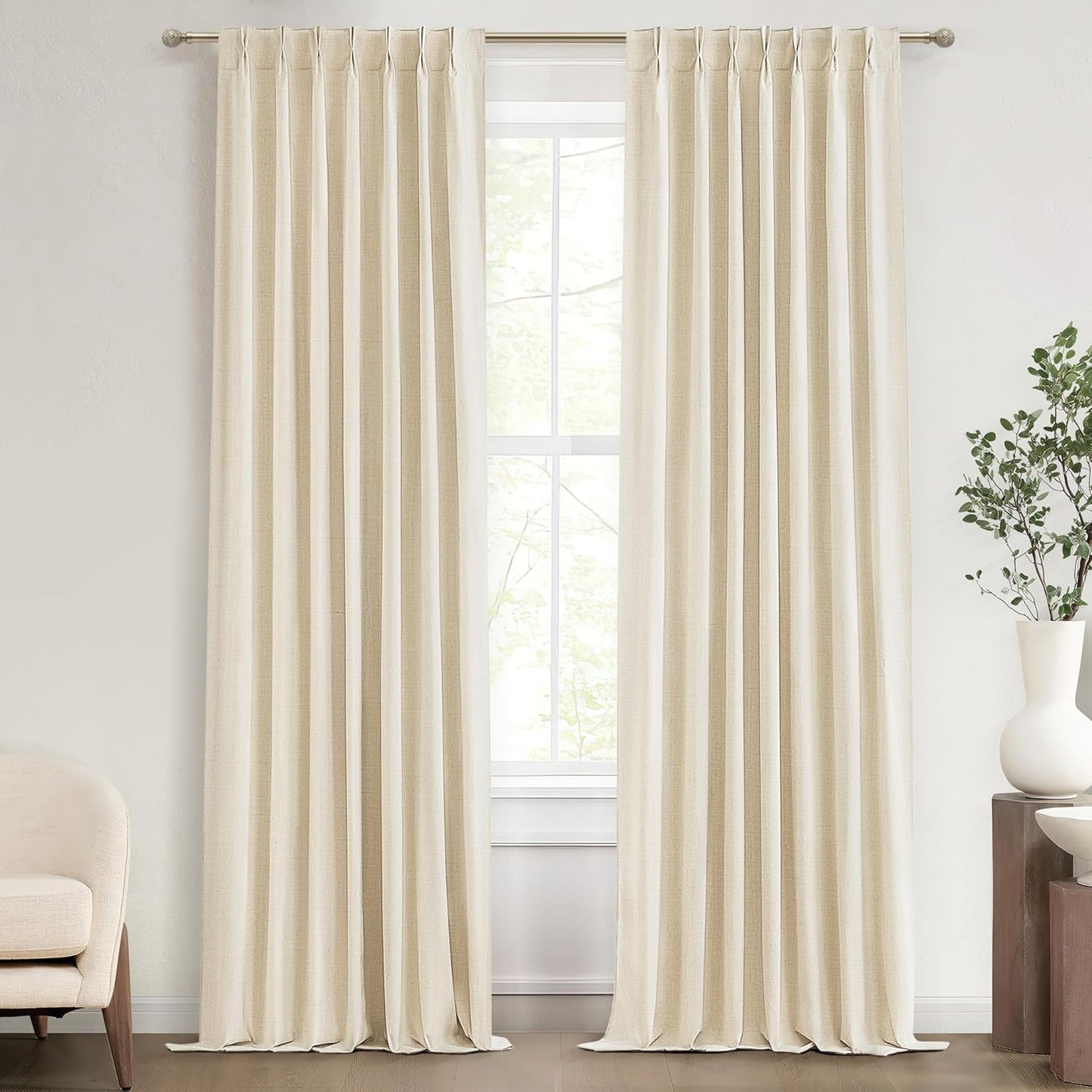 Textured Linen 96 Inch Blackout Curtains, Pinch Pleated/Back Tab Drop Cloth Curtains to Cover Closet Farmhouse Draft Blocking Block Out Cottage Window Drapes 2 Panels 8 FT Tall Beige Cream