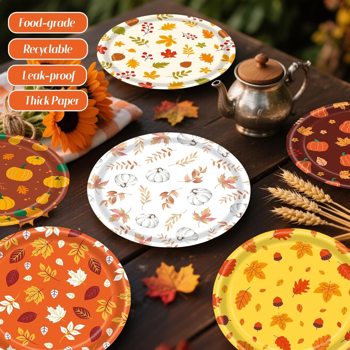 48 PCS Fall Paper Plates 7 inch, Leaves Pumpkin Thanksgiving Party Plates Disposable Cake Dessert Plate for Autumn Theme Party Decorations (Fall)