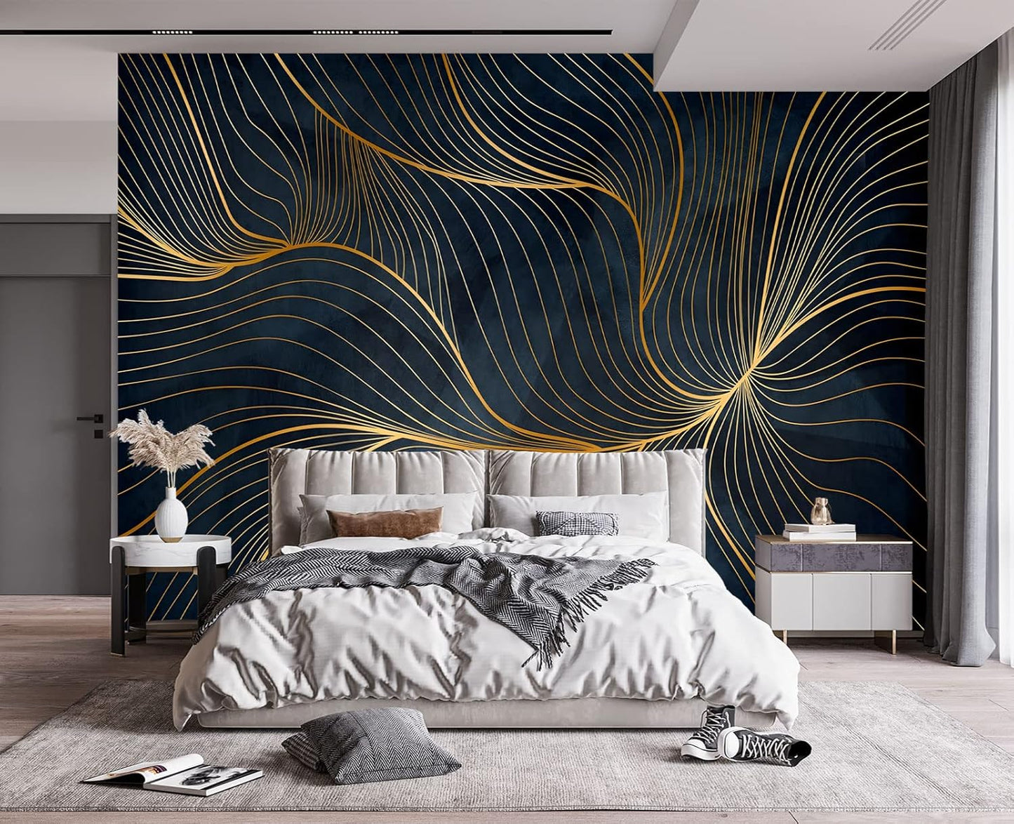 Simple Golden Lines Wall Mural Wallpaper for Bedroom 137" x 100"