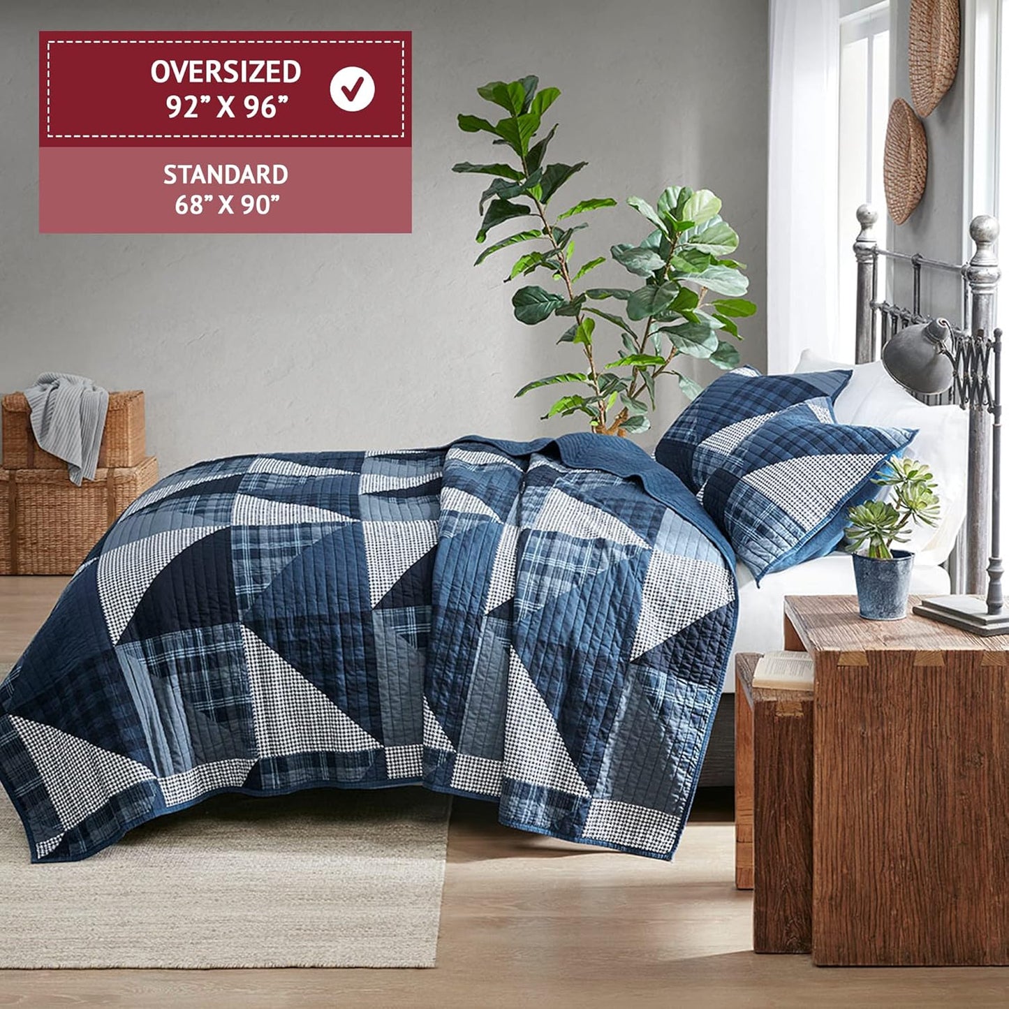 Woolrich Olsen Reversible Quilt Set - Cottage Styling Reversed to Solid Color, All Season Lightweight Coverlet, Cozy Bedding Layer, Matching Shams, Oversized Full/Queen, Geometric Plaid Blue 3 Piece