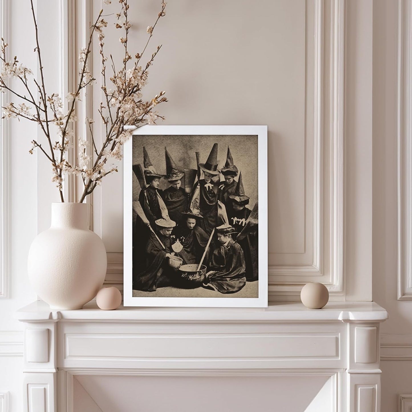 Poster Master Vintage Photograph Poster - Retro Halloween Print - Gift for Artist, Friend - Witches Cooking, Pointy Hats, Broomsticks, Black Magic - Wall Decor for Bedroom, 11x14 White Framed