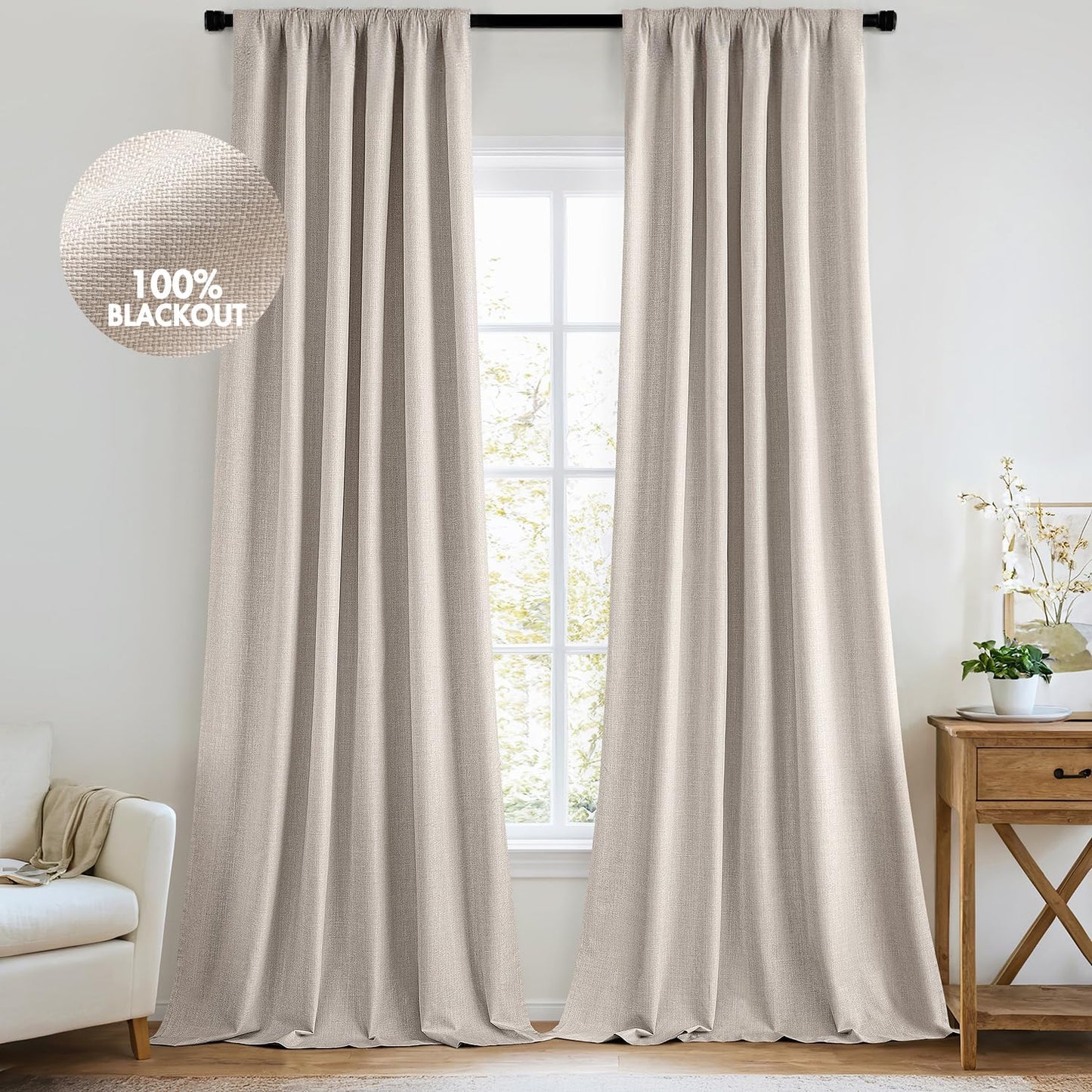 MIULEE 100% Blackout Curtains 96 Inch Long 2 Panels Set for Bedroom, Thick Faux Linen Black Out Curtain Room Darkening Back Tab Pleat Floor to Ceiling Window Drapes with Hooks for Living Room, Beige