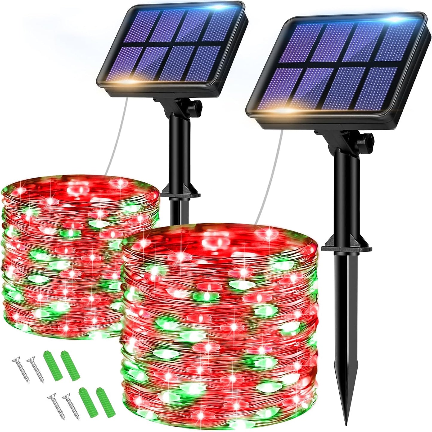 btfarm 2 Pack Solar String Lights Outdoor, 160LED 66FT Solar Fairy Lights Waterproof 8 Modes, Red Green Copper Wire Solar Powered Twinkle Lights for Outside Tree Garden Christmas Wedding Party Decor