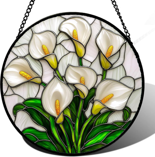 Stained Glass Window Hanging, White Calla Lily Suncatcher Diamond Glass Panel Hangings Flowers Sun Catchers Decor for Birthday for Women, Men, Wife, Aunt, and Mom 14.9x14.9 in