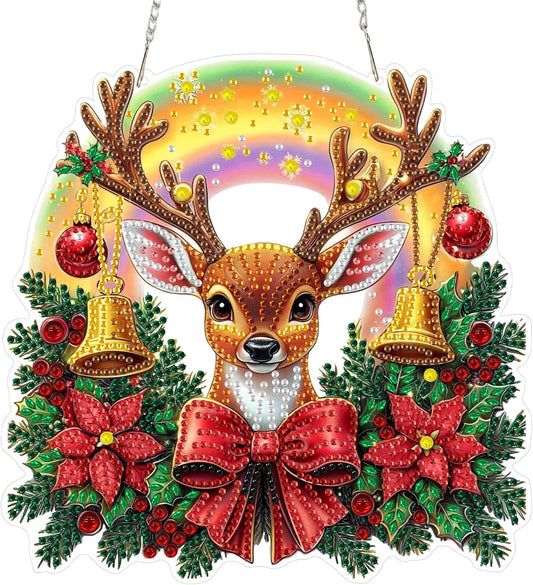 MEIYUDA Christmas Hanging Diamond Art Kits for Adult, Deer Diamond Painting Hanging Kits Ornaments, DIY Special Shaped Rhinestone Window Pendants kit for Home Garden Wall Decor Gift