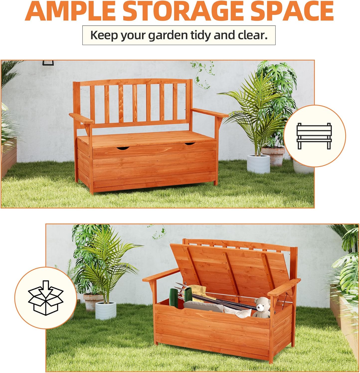 AVAWING Outdoor Storage Bench, Wooden Garden Bench Weatherproof, Patio Benches for Outside, 2-Seat Front Porch Bench, Park Bench for Deck, Lawn, Backyard(Natural)