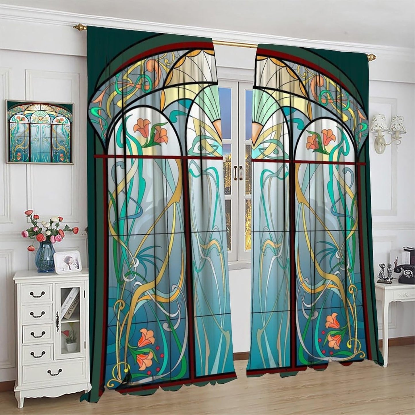 Stained Glass Curtains, Retro Mid Century Boho Abstract Art Home Decor Drapes for Bedroom Living Room Kitchen Window Treatment 2 Panels Set Total Size 72" W X 63" L Inch