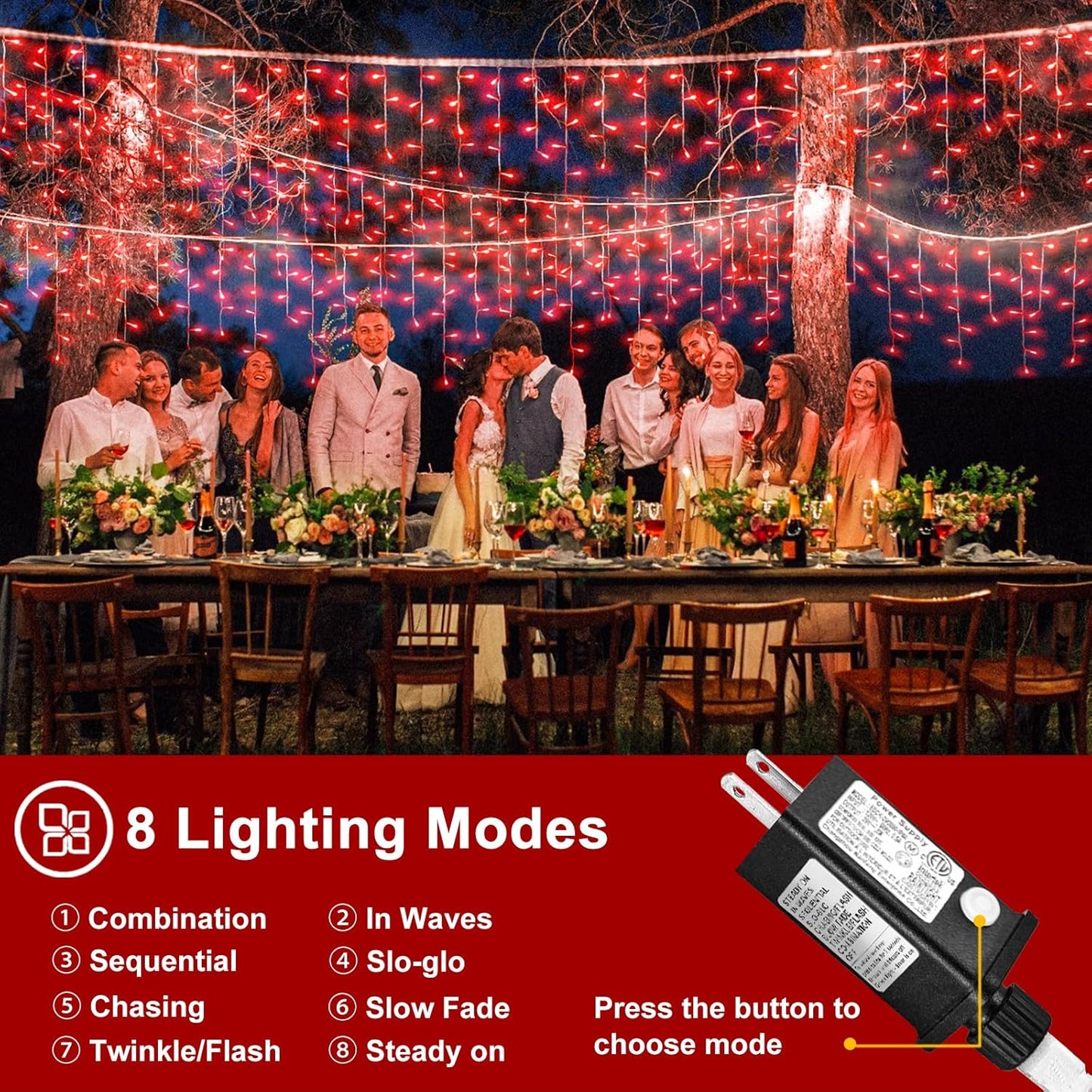 66ft Red Icicle Lights Indoor for Bedroom, 640 LED String Lights for Outside Clear Wire Connectable Twinkle Light with 8 Modes Timer Waterproof for Window Party Wedding Decorations