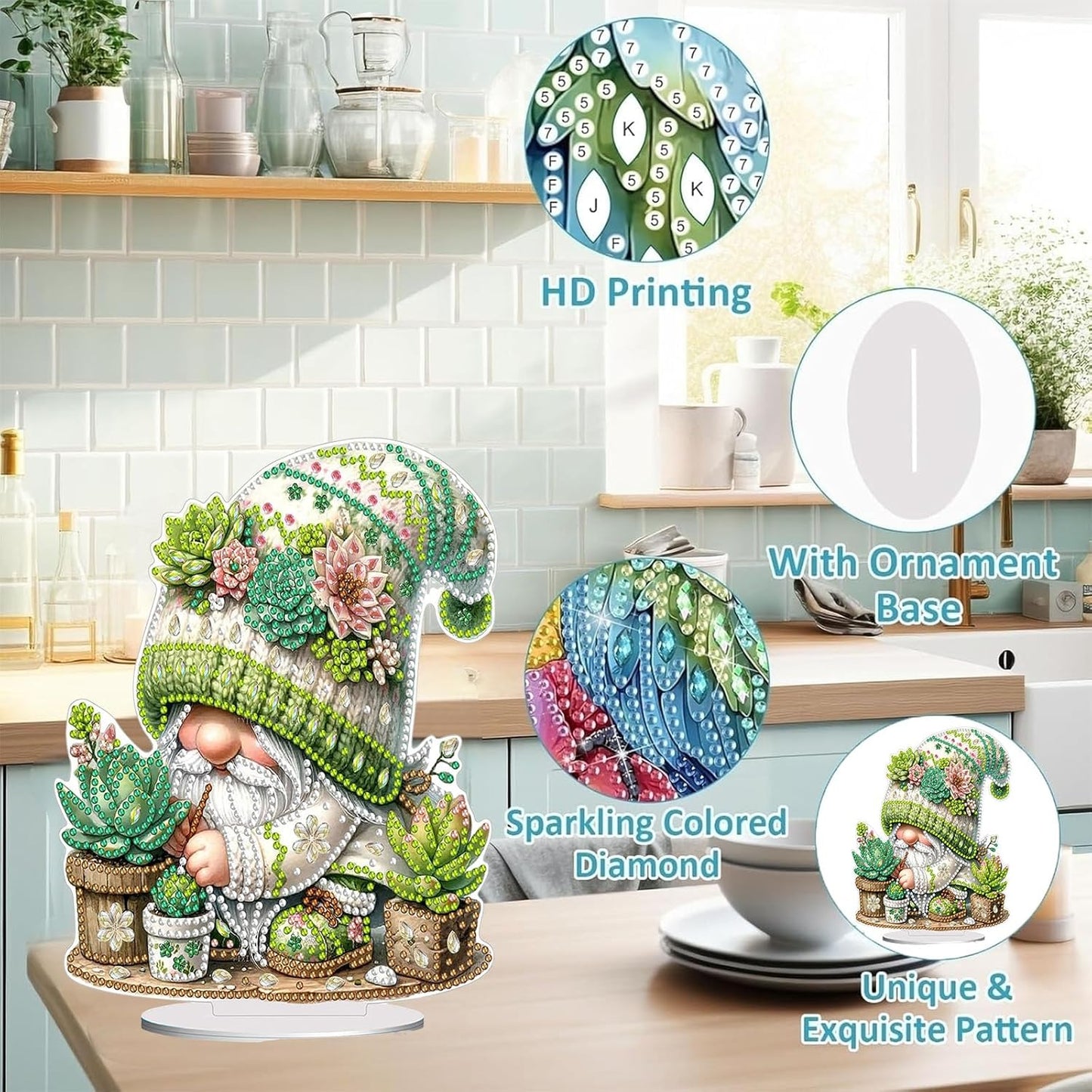 Diamond Painting Kits for Adults Beginners, 5D Full Drill Dwarf Succulents Crystal Art Desktop Ornament, DIY Single Sided Home Office Desk Decor, Creative Craft Gift Set with Tools