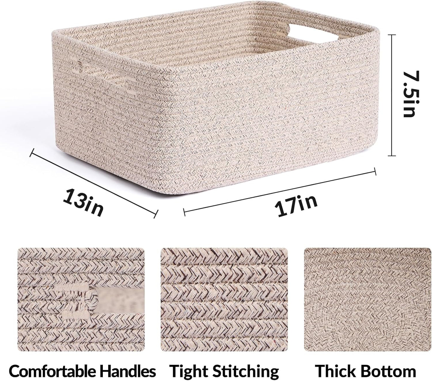 Large Storage Baskets for Shelves, Closet Organizers Bins for Clothes Blanket Towels, Baby Nursery, Toy Baskets Box, Woven Rope Baskets, 17 x 13 x 7.5”, 3 Packs Mixed Brown