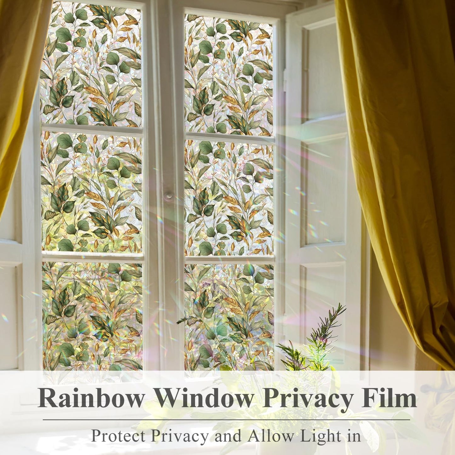 Rainbow Window Privacy Film with Tools, 3D Stained Glass Window Film, Spring & Autumn Leaves, 16.93" x 78.74"(43X200CM)