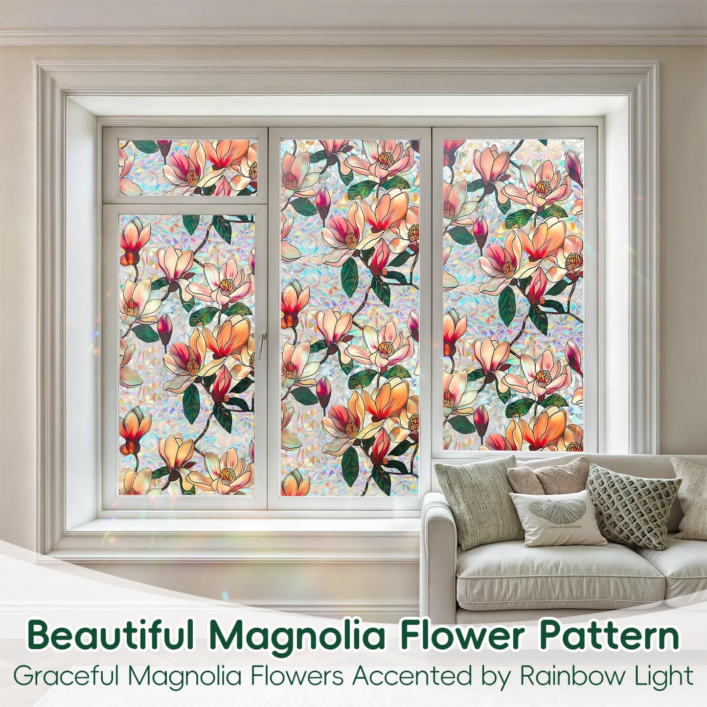 DUOFIRE Window Privacy Film Decorative Stained Glass Window Film Rainbow Magnolia Floral Static Cling Non-Adhesive Reusable Anti UV Colorful Window Decal for Home 16.92×39.37 inch
