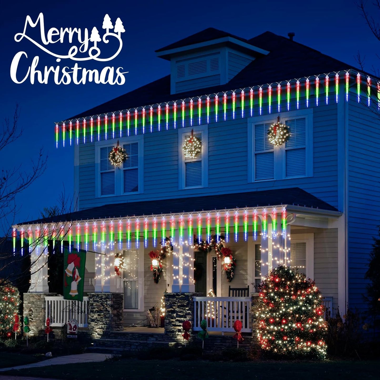 Icicle Lights Outdoor, 10 Ft Meteor Shower Lights with 10 Ice Shaped Tube, Snowfall Shooting Star Light Effect, Falling Crystal Christmas Decorations for House Eave Roofline Patio, Multicolor