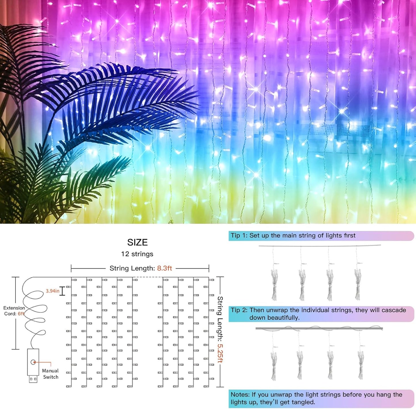 suddus Curtain Lights for Bedroom, 192 Led 8.3ft x 5.25ft Hanging String Lights Outdoor, Fairy Curtain Lights for Backdrop, Window, Wall, Wedding, Party, Garden, Porch, Birthday Decor Multicolor