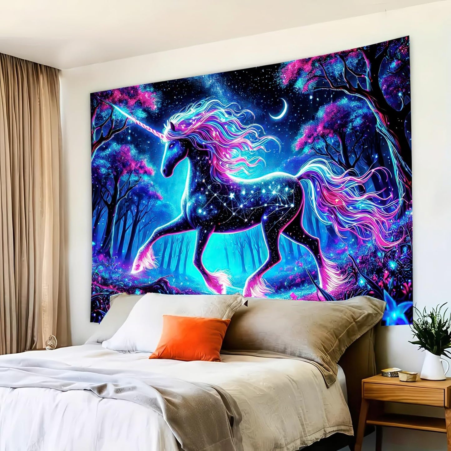 BlissYard Blacklight Unicorn Tapestry UV Reactive Forest Landscape Tapestries Wall Hanging Decor Neon Wolf Wall Tapestry Mysterious Poster Blanket Tapestry for Room Bedroom Dorm Party