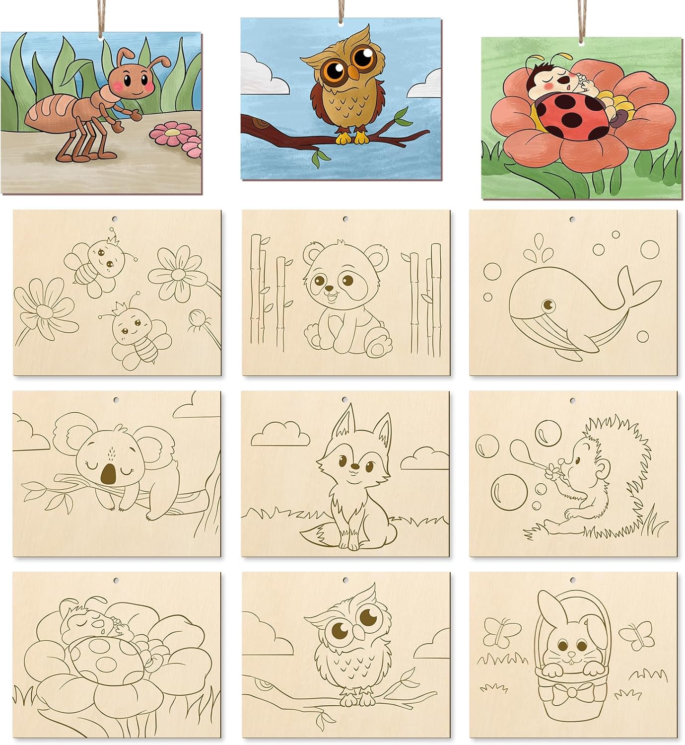 COCHIE 10 Pieces Large Cute Animals Unfinished Wood Crafts to Paint for Kids Adults, Bulk Predrilled Wooden Ornaments for Painting, Animal Paintable Wood Slices Craft Supplies with Ropes