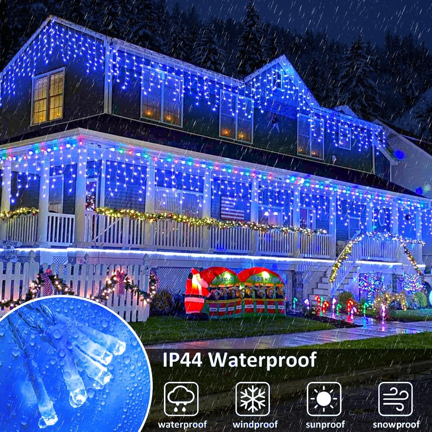 Icicle Christmas Lights Outdoor, 16.5FT 200 LED Icicle Lights for Outside with 8 Modes Waterproof, Connectable Curtain String Light for Indoor Bedroom Home Eaves Party Wedding Decorations, Blue