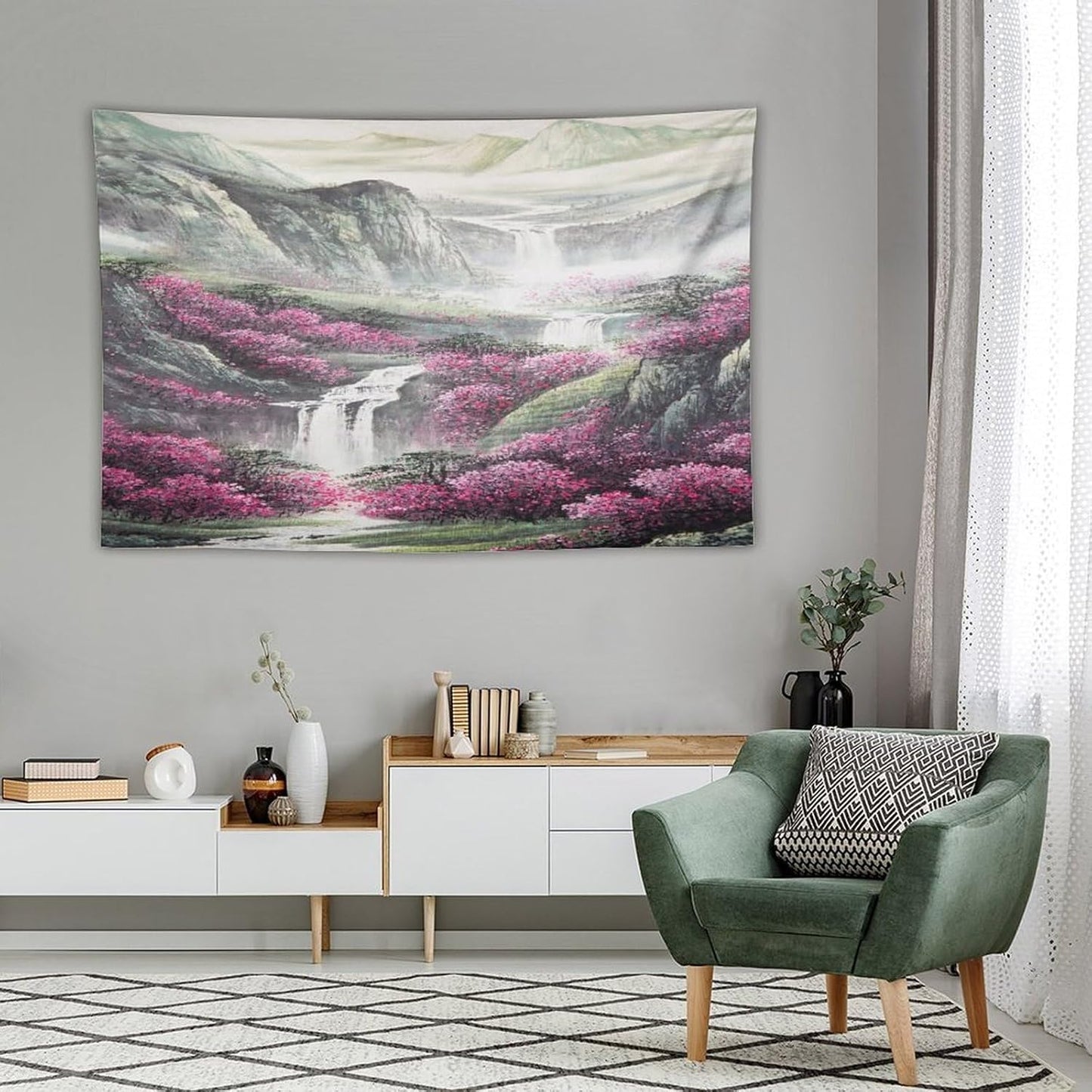 Japanese Tapestry, Red Plum Blossom Mountain Tapestry, Asian Japanese Wall Tapestry, Nature Landscape Tapestries for Bedroom Living Room Decor 60"x40"