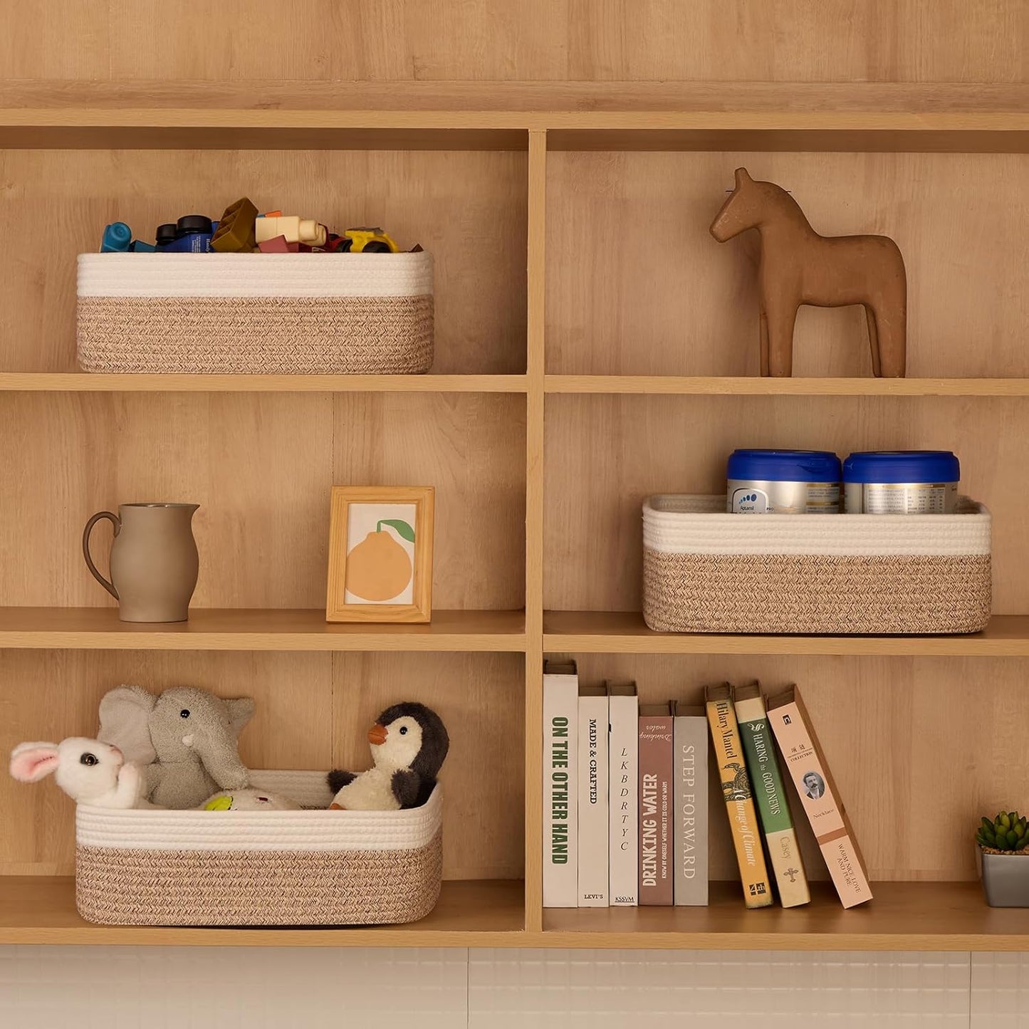 Large Shallow Organizing Baskets 15x11x5.1 Inches - Rope Woven Storage Bins for Bathroom, Shelves, Cube Closet, White Mixed Brown 2 Packs