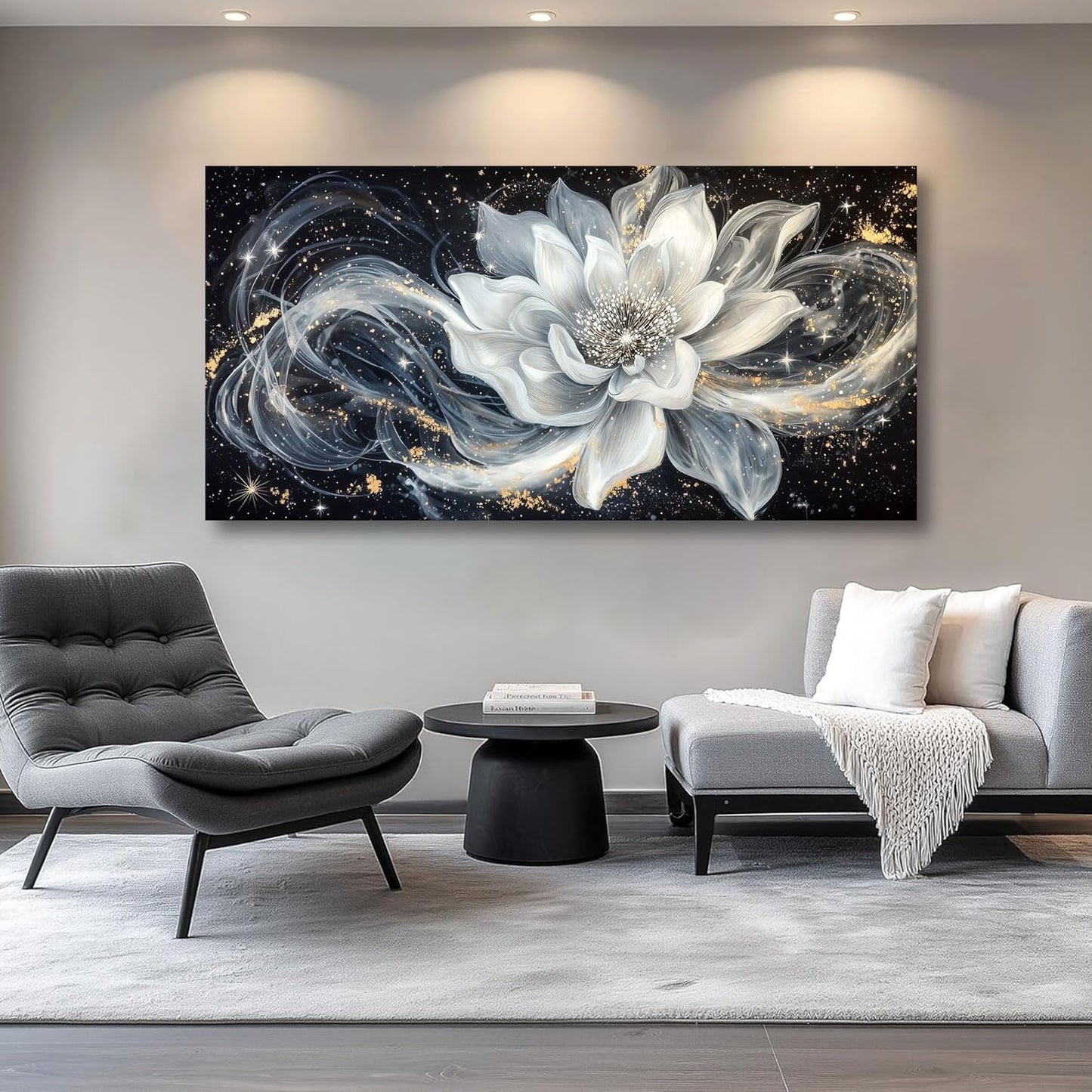 QZQCBLC Large Wall Art, Black and White Lotus Wall Art Modern Abstract Flower Pictures Gold Silver Canvas Painting Artwork for Living room Bedroom kitchen Home Office Decor 29x58 IN