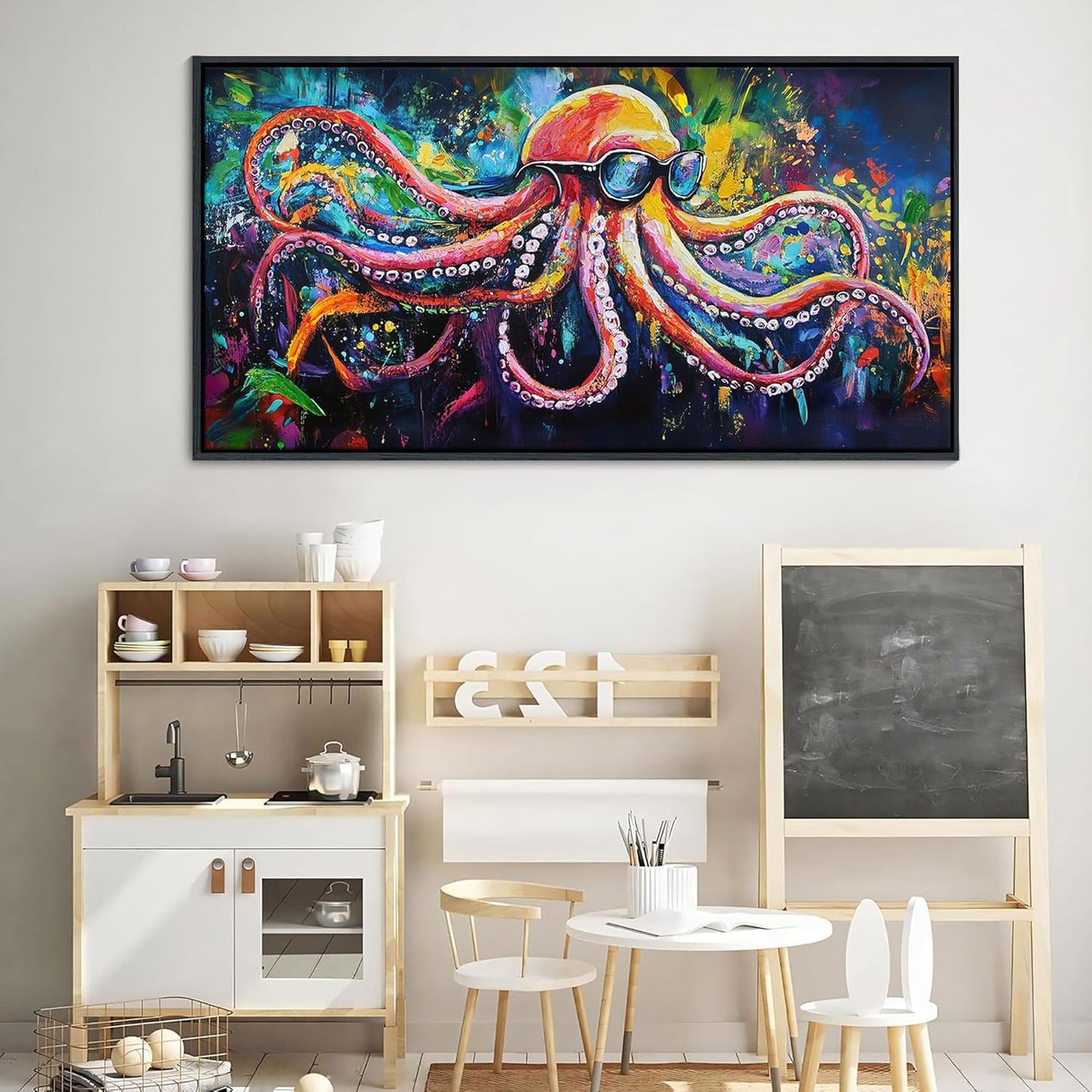 JEAWA Framed Canvas Wall Art, Abstract Octopus Pictures Cool Poster Printing Modern Pop Street Graffiti Art Texture Wall Painting for Living Room Bathroom Bedroom Men Room Home Decor 20x40 IN