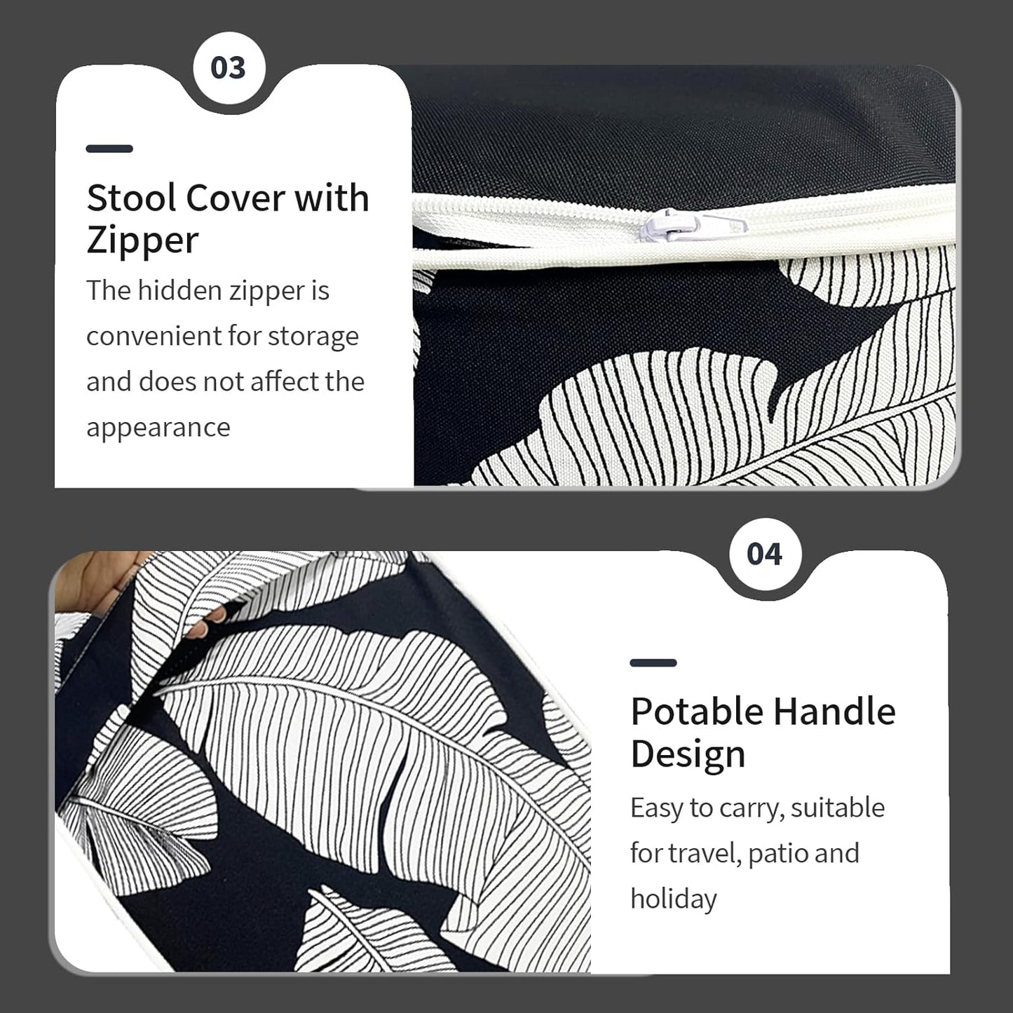 Inflatable Ottoman Stool D21 xH9 for Outdoor/Indoor Use, Water Repellent Patio Foot Rest Stool with Portable Handle,Round Pouf Ottoman Suitable for Garden,Deck and Camping - Black Leaves